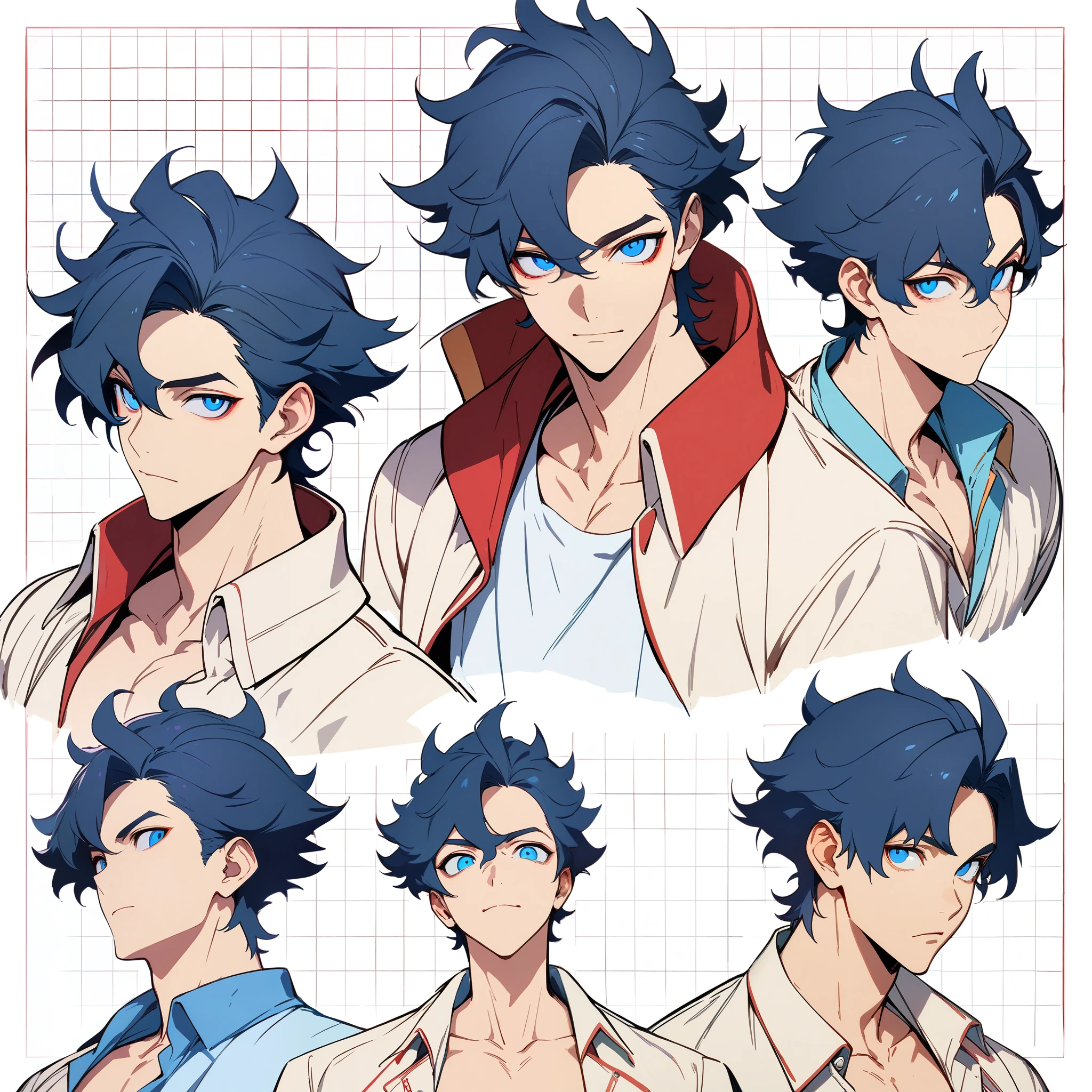 anime boy, dark blue hair, blue eyes, head, same boy, different angles, grid, 9 faces, high quality, concept, handsome, spiky hair, perfect lineart, sharp lineart, best quality, high quality, best quality, ultra-detailed, HD, beautiful lighting,