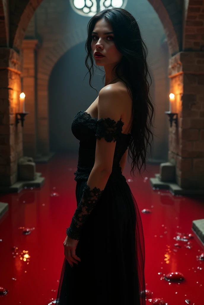 A vampire woman standing sideways looking forward while in a pool of blood and trying to clean her mouth which is also bloody