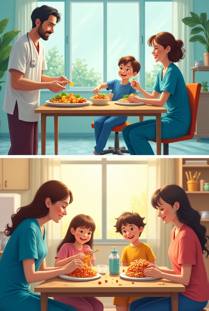 a hospital with patients receiving personalized meals, families at home experimenting with innovative foods made on 3D printers.