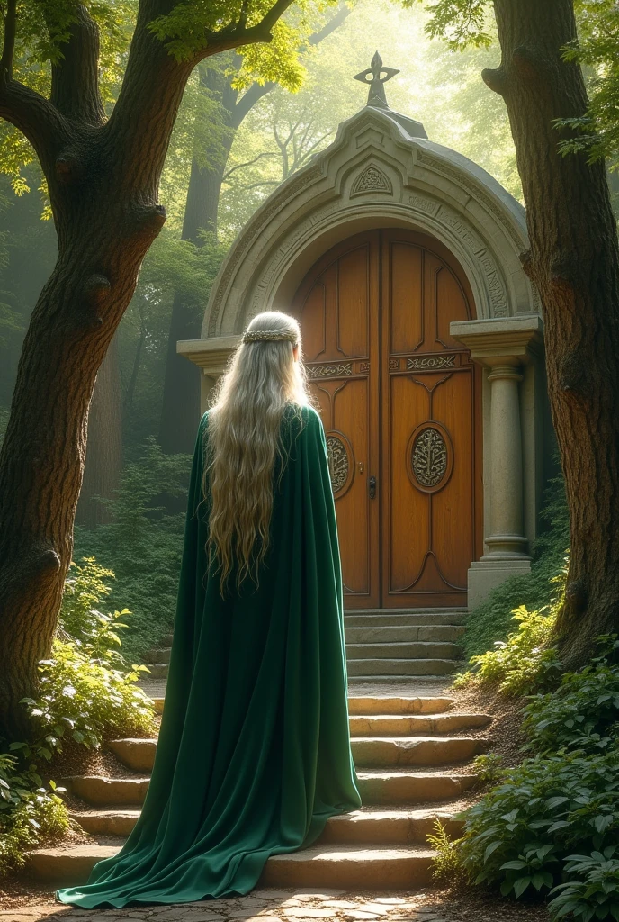 Beautiful Elf King Thranduil standing on steps in front of a great wooden door