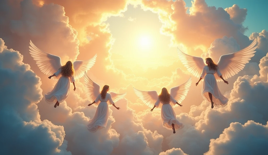 A breathtaking scene of the new heaven, Where the vast celestial vault shines with vibrant and ethereal colors. The sky is illuminated by a soft divine light, With golden hues, Blue and pink that create a serene and peaceful environment. Angels of radiant appearance fly gracefully among the clouds, Their wings gleaming with celestial light. They are dressed in white and shimmering robes, Adding a touch of majesty to the scenery. The clouds are light and scattered, Reflecting the purity and harmony of the new heaven. The scene conveys a feeling of calmness and bliss, Symbolizing the biblical promise of a perfect and eternally peaceful heaven.