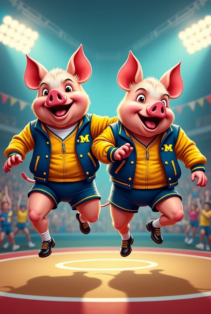 Cartoon pigs dressed like wrestling tag-team the Steiner brothers wearing college wrestling gear and Michigan varsity jacket 