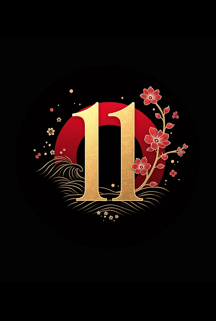 A logo with the word 11even, with golden hues, red, black and white, as well as certain Japanese Asian features