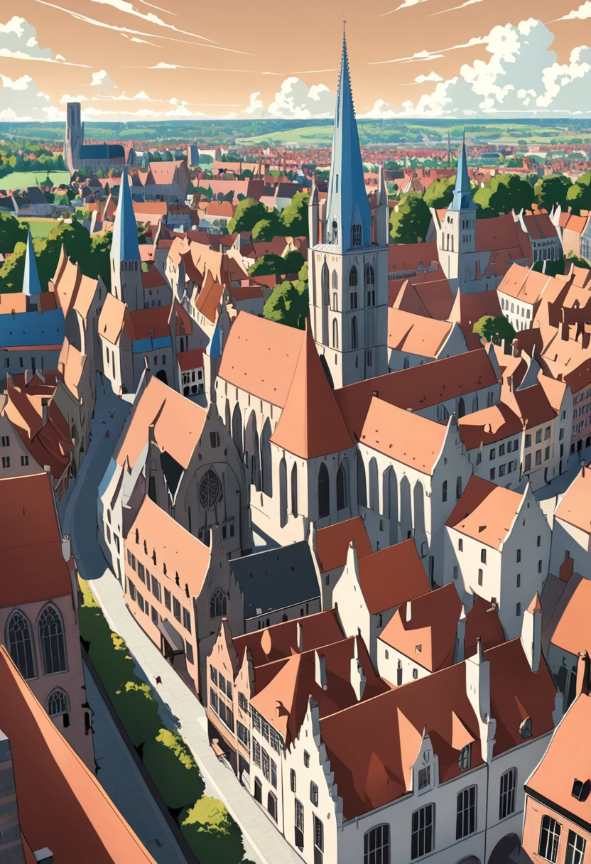 an japanese anime-style-illustration-of-the city of Bruges in Belgium like for a poster