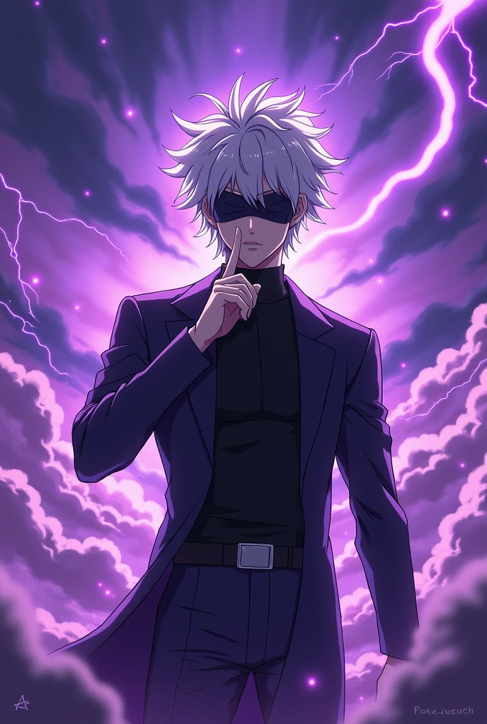 Satoru Gojo, blindfolded, finger crossed up to the mouth with purple power,anime image.