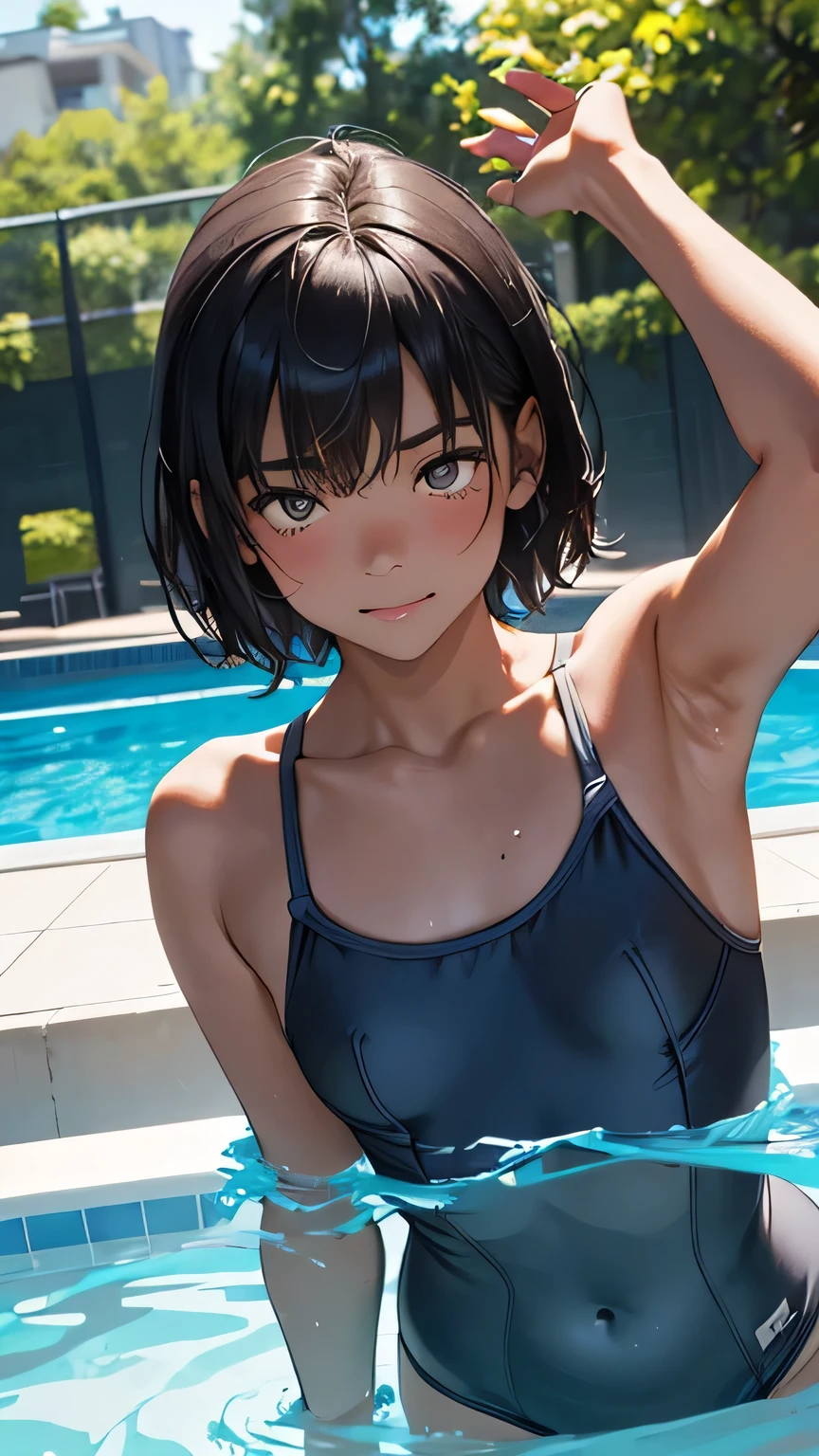 Highest quality、Realistic、、zoom、Middle school students、Girl、look up、cute、Light grey eyes、Black Hair、Armpit hair、short hair、Tanned brown skin、Dark Skin、School Swimsuit、Navy blue swimsuit、Shy laugh、Flat Chest、Bust Shot、thin、Pool