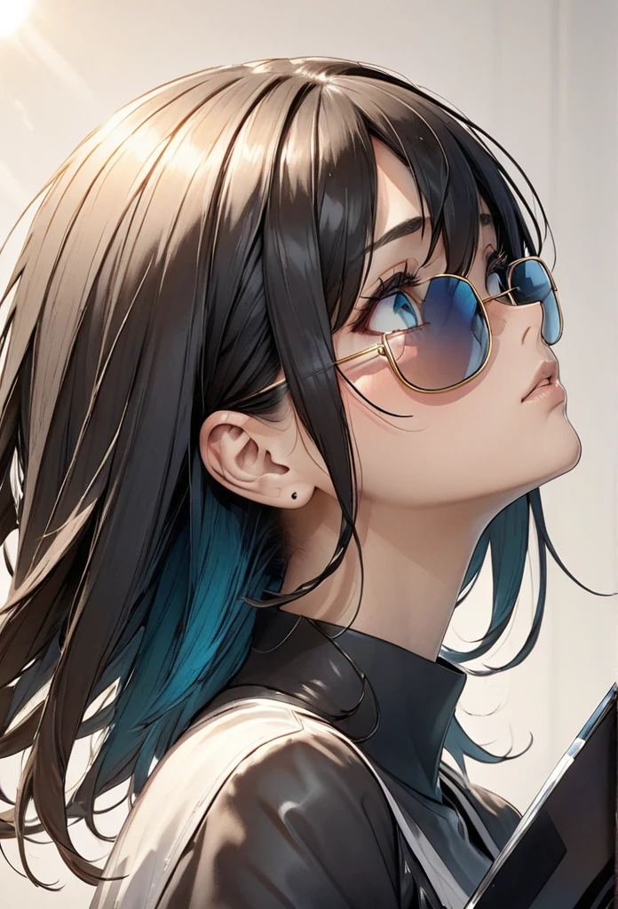 woman Melancholy profile Left facing Looking up from oversized sunglasses MonochromAn illustration rough