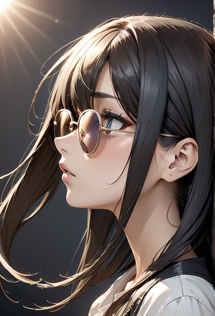 woman　Melancholy　profile　Left facing　Looking up from oversized sunglasses　MonochromAn illustration　rough