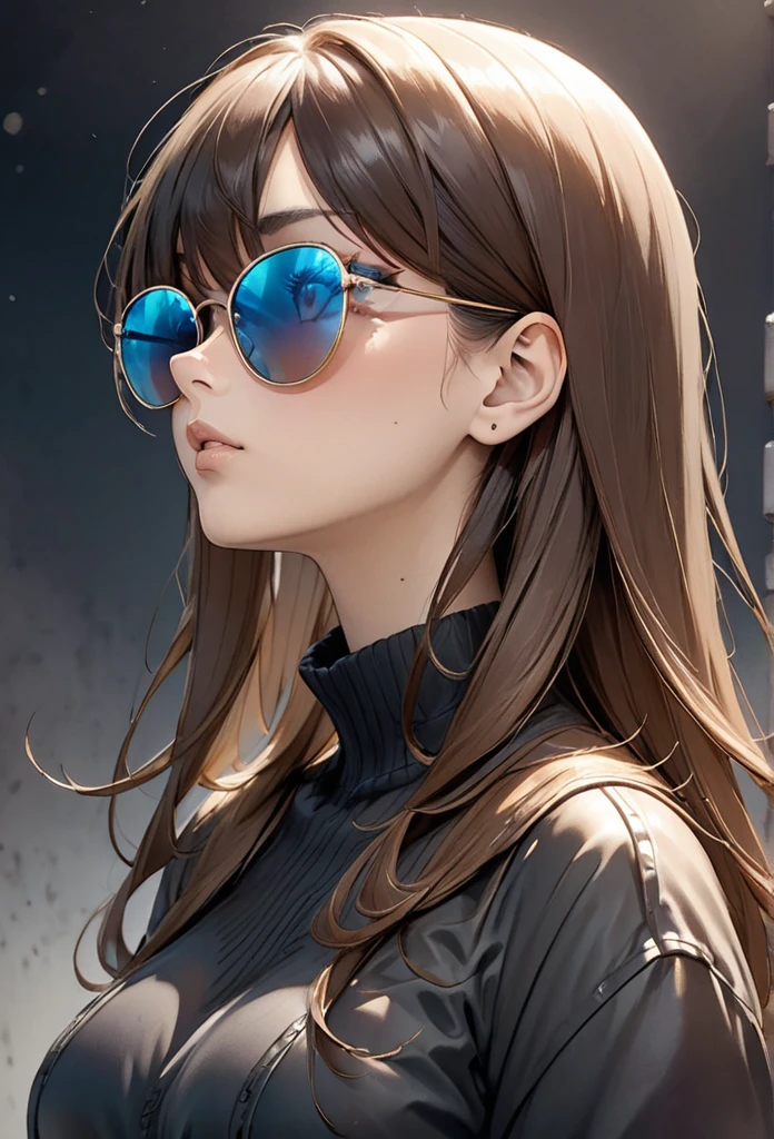 woman　Melancholy　profile　Left facing　Looking up from oversized sunglasses　MonochromAn illustration　rough