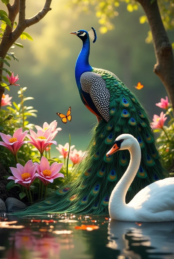 Lily or orchid and peacock or swan and violin or transverse flute