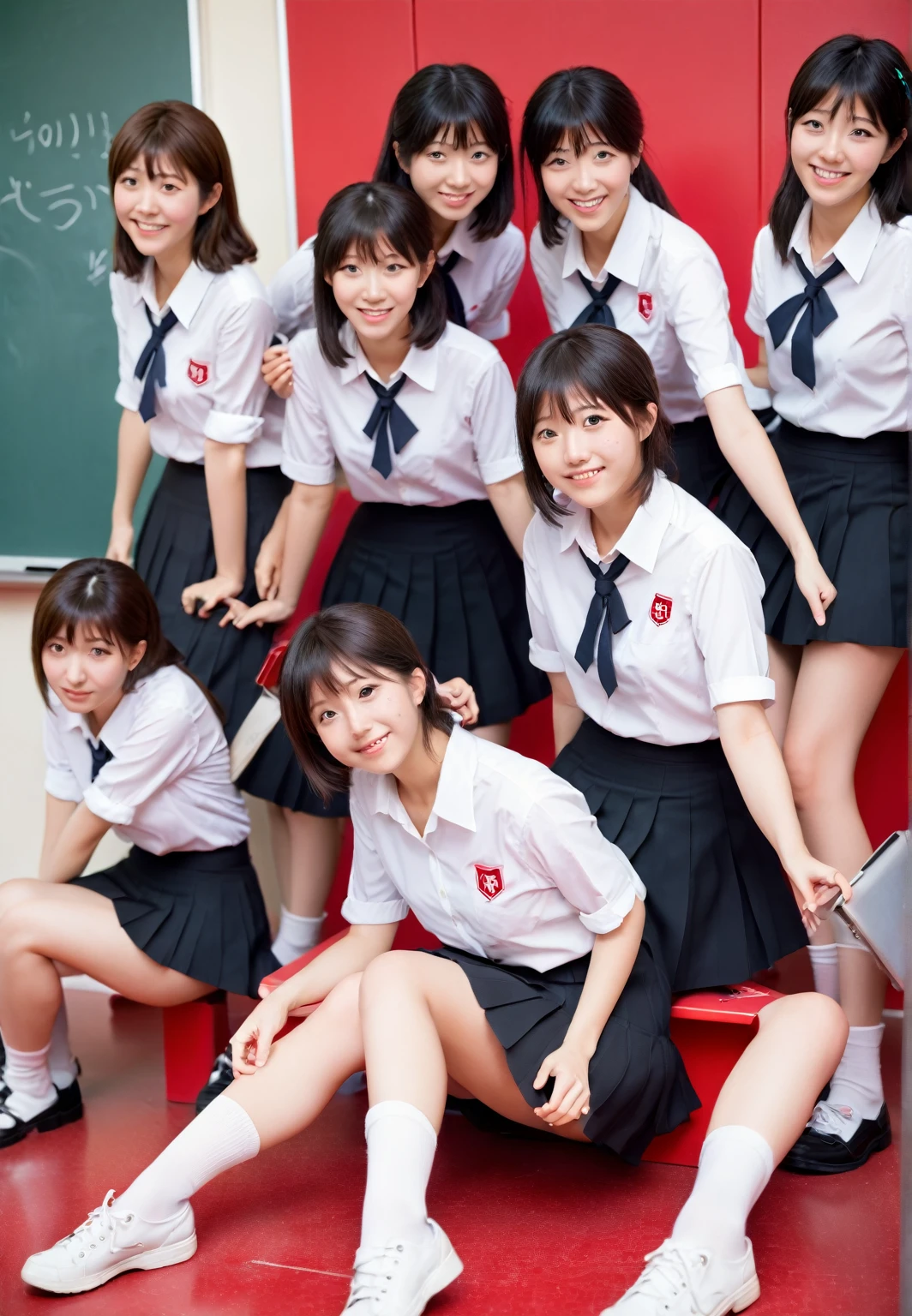 An Asian woman in a black skirt and white shirt is sitting on a red surface, Mr.々Take a photo in a funny pose, Chiho, Ayaka, seifuku, Sana Takeda, rei hiroe, High school girl posing, Yasumoto Oka, Akiko Takase, San Yun-ju, translator, Japanese Model