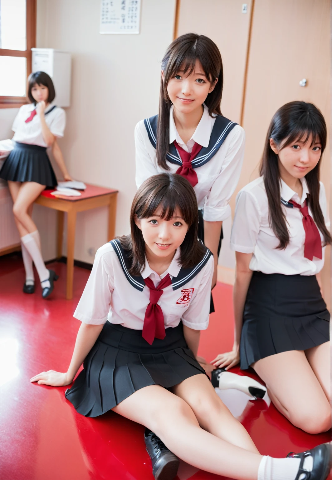 An Asian woman in a black skirt and white shirt is sitting on a red surface, Mr.々Take a photo in a funny pose, Chiho, Ayaka, seifuku, Sana Takeda, rei hiroe, High school girl posing, Yasumoto Oka, Akiko Takase, San Yun-ju, translator, Japanese Model