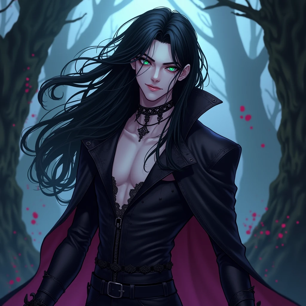 A sexy young male, black long hair, teal blue eyes. Gothic clothes. (Male) (no facial or body hair)) masterpiece, best quality, ultra-detailed, best shadow), (detailed background) (Purple and black) pretty handsome. Sexy Cute. No facial hair. No body hair. Wink. Seductive. Sexy. Pale and white skin like a vampire. Smirking. Anime style. Blood.