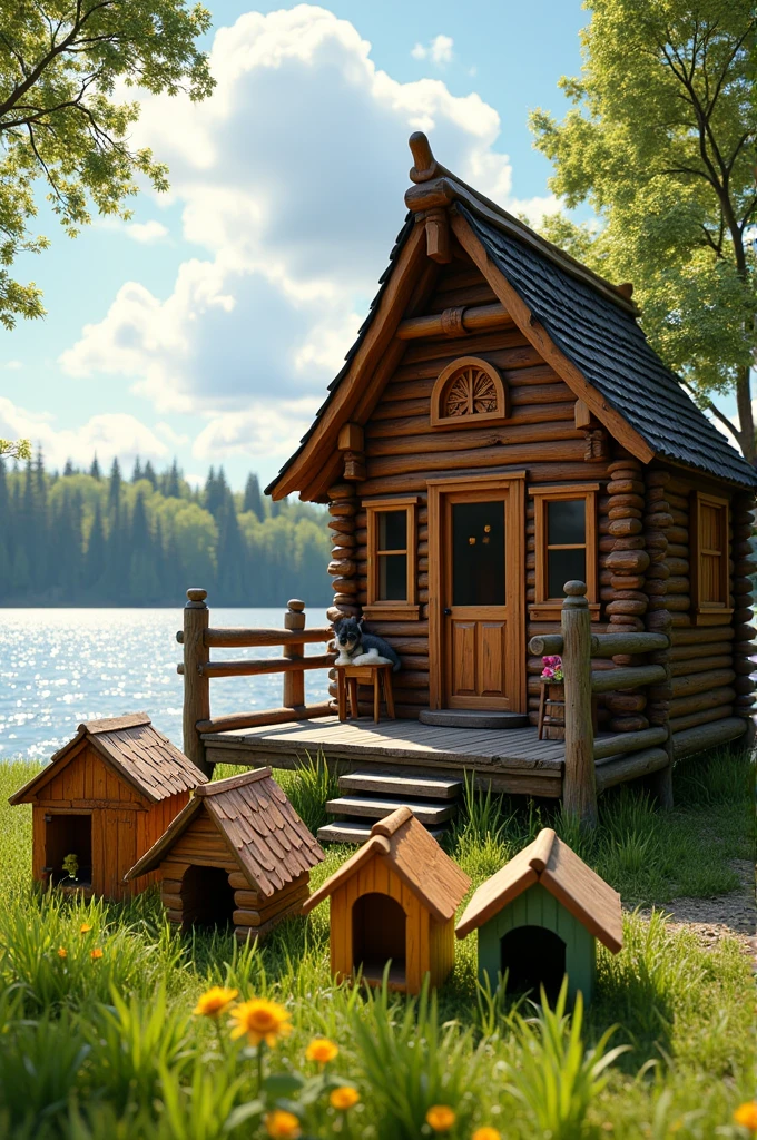 Create a house with a wooden hut style balcony, a lake in the background, and 6 dog houses in front.
