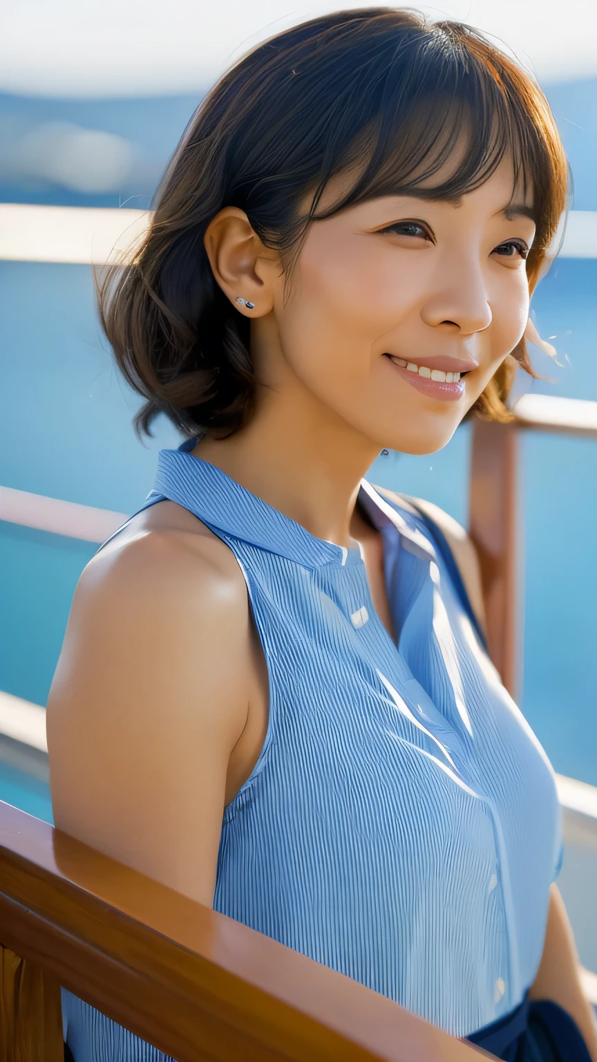 ((Highest quality)), ((8k)), ((masterpiece: 1.3)), (Perfect appearance), (Photorealism: 1.4), (Woman standing on the deck of a cruise ship), (Woman standing on the deck of a cruise ship), (strict), (A wake is visible behind the woman.), (Woman standing by the railing), Japanese women, (40 years old), Married women, ((Realistic skin texture 1.2)), (Fine wrinkles appear all over the skin: 1.1), (Facial wrinkles: 0.9), (Wrinkles around the eyes: 1.1), double eyelid, Lower eyelid tear sulcus, (Crying Mole: 0.9), The eyes are looking here, Smile with your lips slightly open, (Dimples: 1.2), (bangs:Show your forehead), Straight pixie cut hair, (camisole:1.4), ((Close-up photo focusing on upper body)),