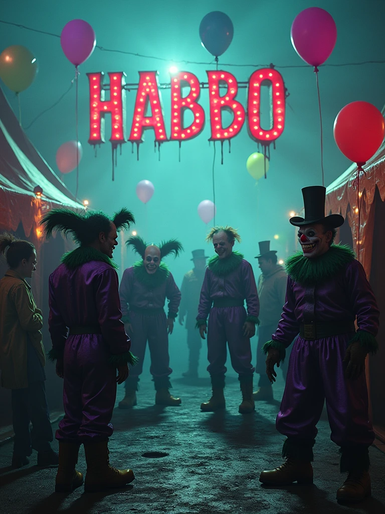 A terrifying circus scene filled with creepy clowns and eerie balloons, each with distorted and unsettling expressions. The clowns are dressed in bizarre, tattered costumes with dark, twisted colors. The circus tents and props are infused with elements from the Habbo NFT world, featuring pixelated designs, familiar furniture items, and iconic symbols from the game. The entire atmosphere is dark and ominous, with shadows and fog. A large, distorted sign that reads 'HABBO' hangs ominously in the background, adding to the unsettling vibe of the scene.