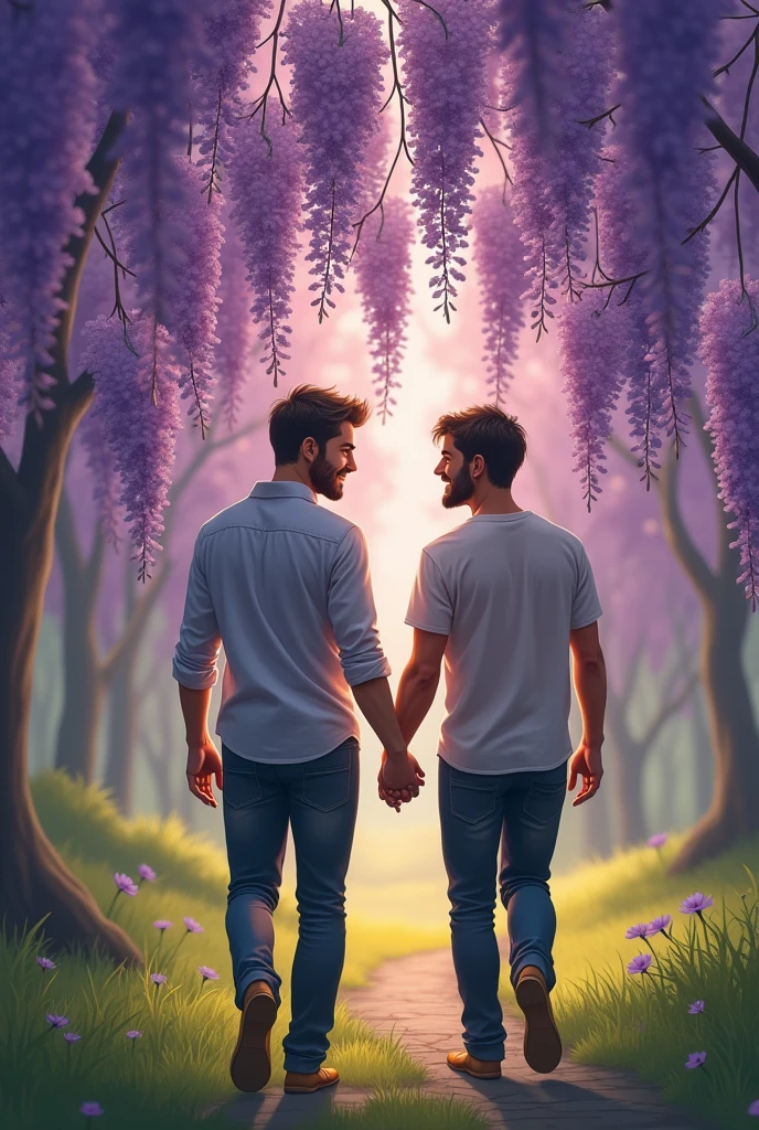 Two men holding hands walking under blooming wisteria trees