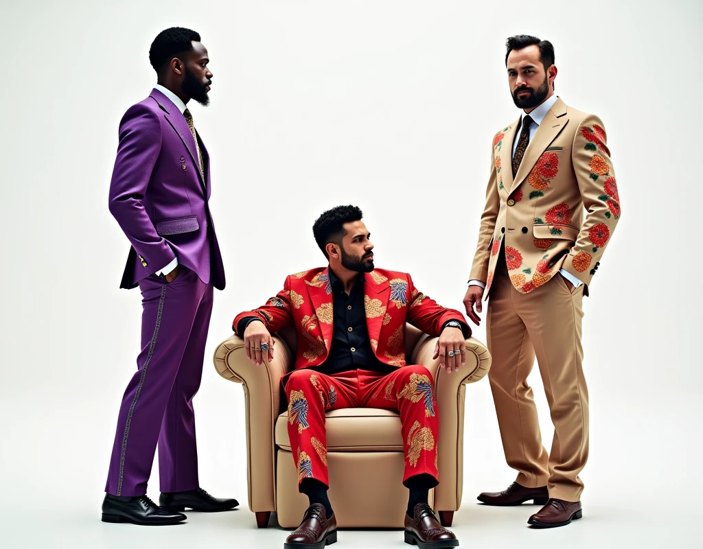 black guy wearing purple suit with african colorfull patterns standing side profile and looking back to the viewer , ((korean guy)) wearing red suit with chinese colorfull patterns sitting , ((turkish guy)) wearing beige suit with arabic colorfull patterns standing and posing , cinematic ,((posing different poses)) white background , photo shooting ,models ,full body , oversize pants, rings