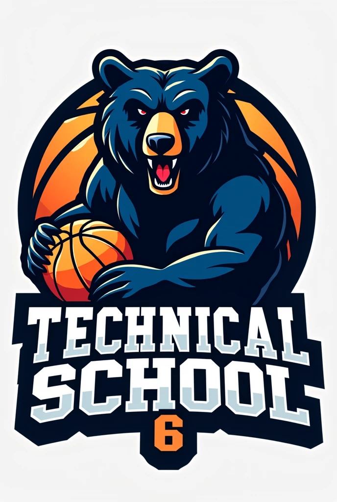 Make me a basketball logo that is a bear, the colors should be dark blue, black and white and say "Technical school 6"

