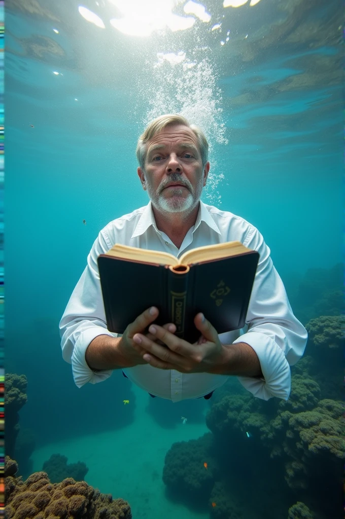 A person underwater reading a bible