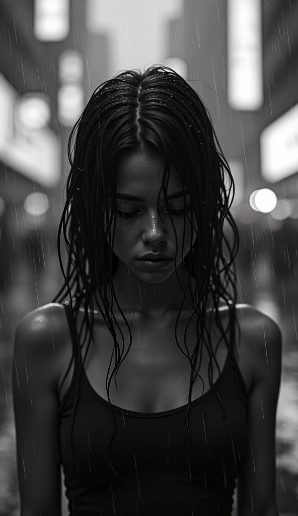 Full body depiction of a solemn girl with tears streaming down her face, gazing downwards, hair saturated with rain, amidst a lesser dramatic urban downpour, the wind lightly tossing her wet strands, captured in a low-key, monochromatic palette, ultra fine detail, atmospheric city backdrop, captured with a shallow depth of field, cinematic.