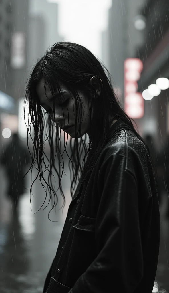 Full body depiction of a solemn girl with tears streaming down her face, gazing downwards, hair saturated with rain, amidst a lesser dramatic urban downpour, the wind lightly tossing her wet strands, captured in a low-key, monochromatic palette, ultra fine detail, atmospheric city backdrop, captured with a shallow depth of field, cinematic.
