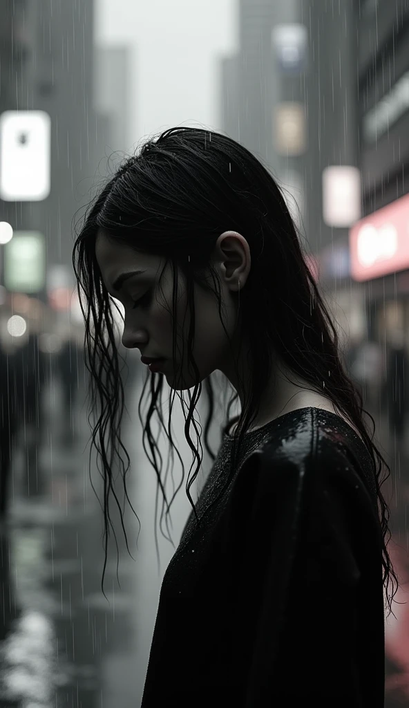 Full body depiction of a solemn girl with tears streaming down her face, gazing downwards, hair saturated with rain, amidst a lesser dramatic urban downpour, the wind lightly tossing her wet strands, captured in a low-key, monochromatic palette, ultra fine detail, atmospheric city backdrop, captured with a shallow depth of field, cinematic.