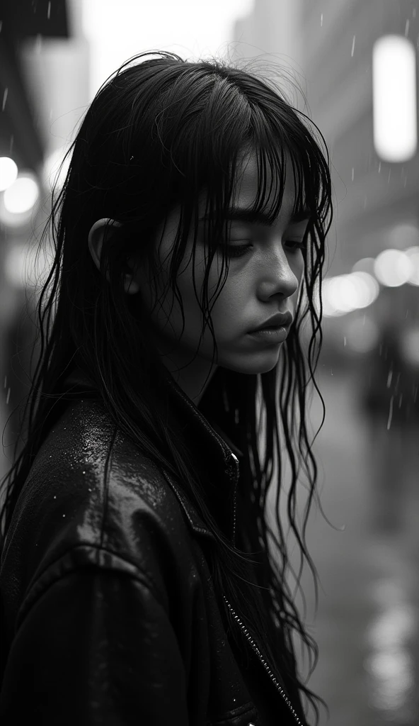 Full body depiction of a solemn girl with tears streaming down her face, gazing downwards, hair saturated with rain, amidst a lesser dramatic urban downpour, the wind lightly tossing her wet strands, captured in a low-key, monochromatic palette, ultra fine detail, atmospheric city backdrop, captured with a shallow depth of field, cinematic.
