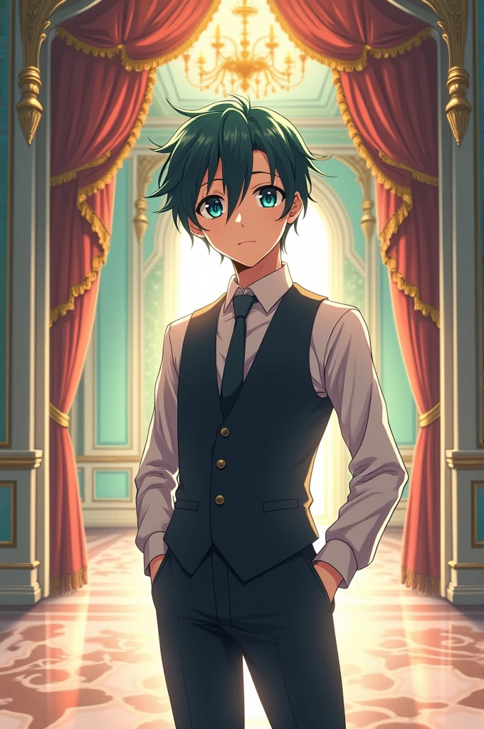 short flowing hair、He has heterochromatic eyes, with light blue eyes. Draw a young servant with slanted eyes in anime style