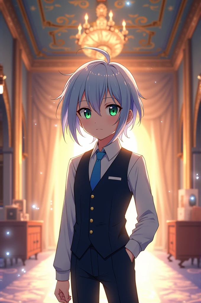 short flowing hair、He has heterochromatic eyes, with light blue eyes. Draw a young servant with slanted eyes in anime style