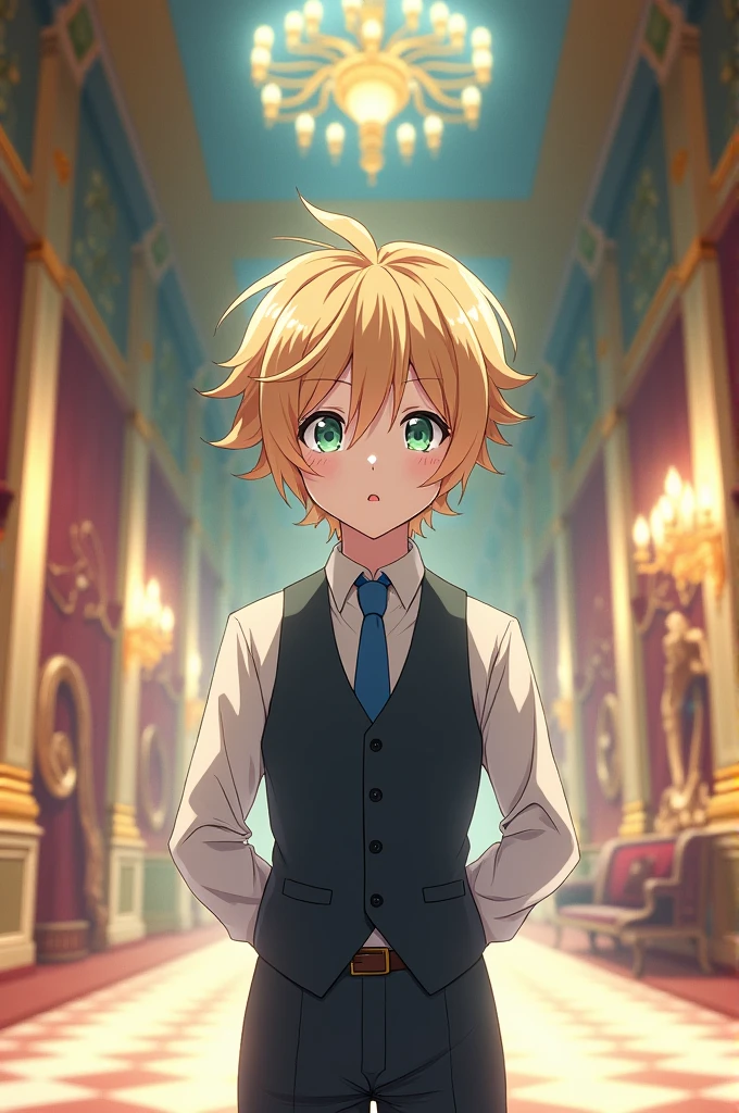 short flowing hair、He has heterochromatic eyes, with light blue eyes. Draw a young servant with slanted eyes in anime style