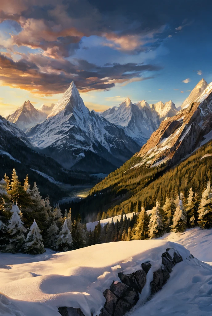 a large block of fresh mozzarella cheese on a snowy alps mountain landscape, golden sunlight, dramatic cloudy sky, fresh green grass, detailed textures, photorealistic