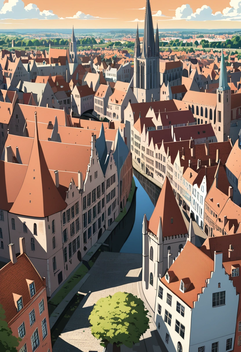 an japanese anime-style-illustration-of-the city of Bruges in Belgium like for a poster