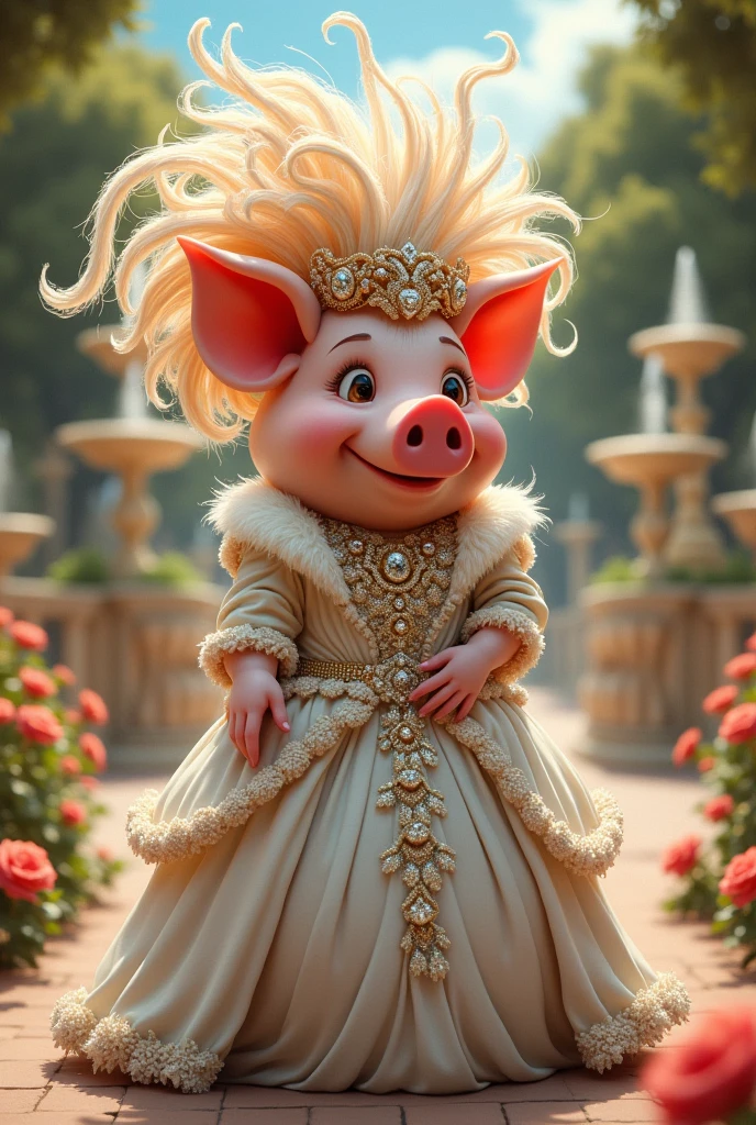 Make a picture of a pig wearing Marie Antoinette's clothes and her hair too, but it should be white and more scandalous and bigger in cartoon form