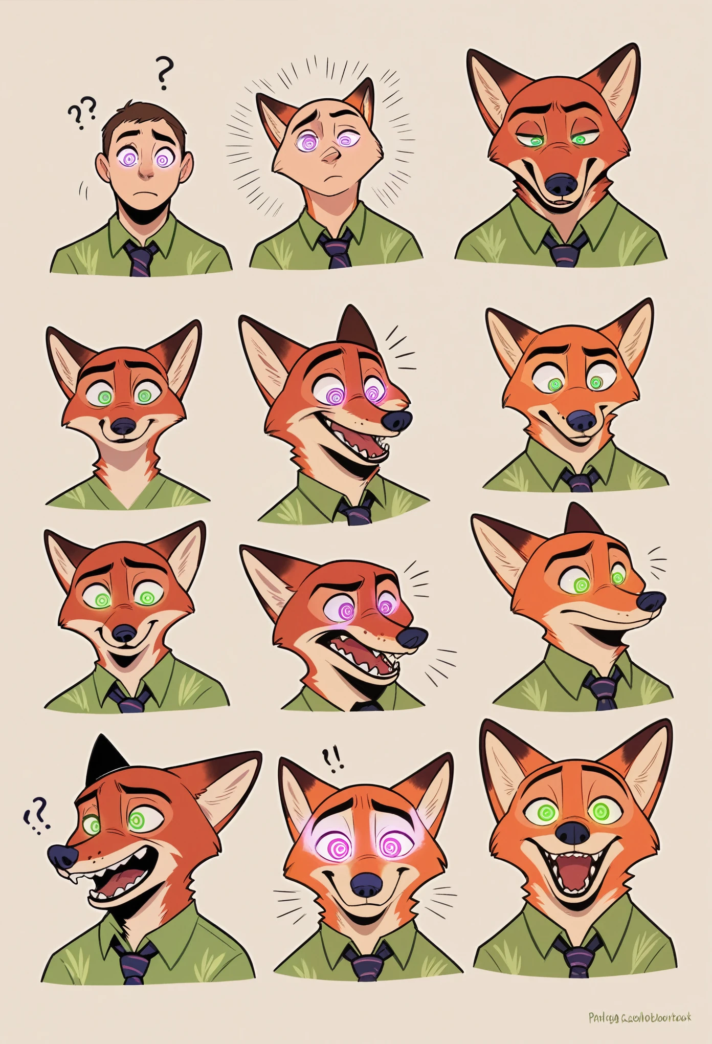 Male, fox, furry, nick wilde, zootopia, canine, shirtless, ripped clothing, fox transformation, human, bright glowing eyes, confused expression, canine penis, sheath, sharp teeth, detailed mouth, hypnosis, hypnotic eyes, bright glowing eyes, transformation sequence, transformation series