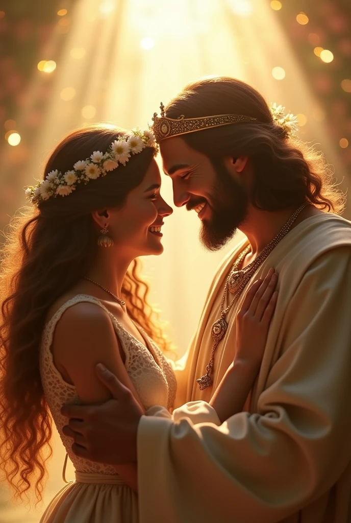I would like a picture, Embraced by Jesus, I am evangelical, so my clothing needs to be appropriate and beautiful, as if I were the apple of God's eye, and Jesus with his fabulous clothing, with his crown, with your hands on my face, I have long curly hair, black and a little brown, my smile doesn't have crooked teeth, he's handsome, my eyes are dark brown, I don't have pierced ears for earrings, My nose is not that thin and it is not that wide either., my brown skin, not so brown like that, in the background create a place out of the ordinary, an encounter with Him only, Brightness and Light, and write between us: te amo minha Mila ❤️