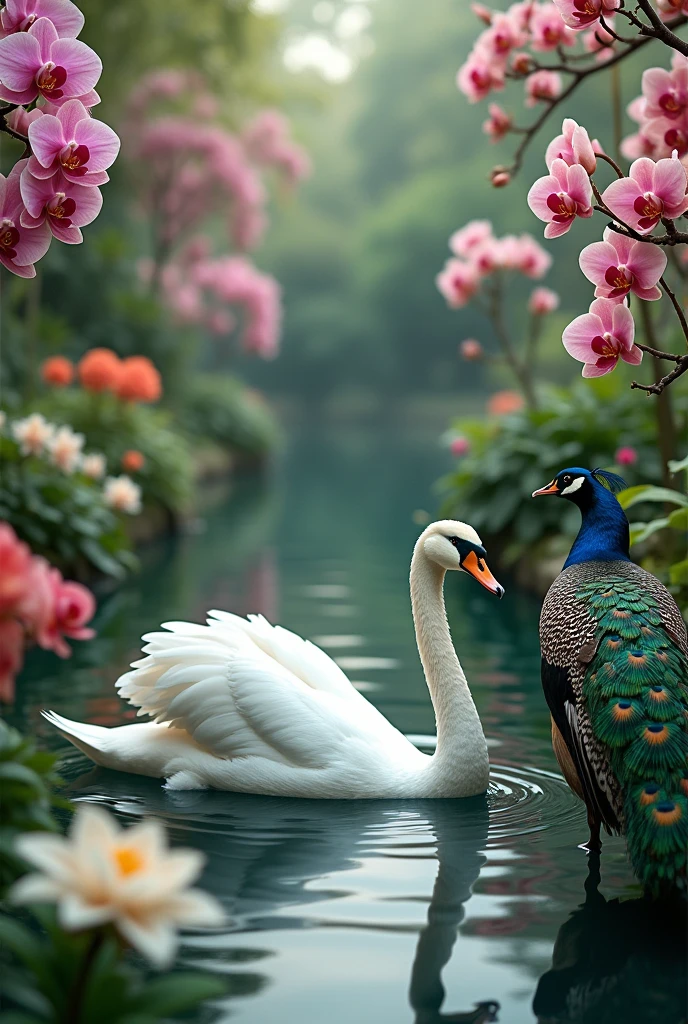 Lily or orchid and peacock or swan and violin or transverse flute