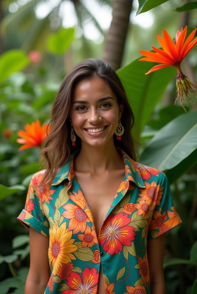 A Brazilian woman in a lush tropical garden, wearing an open shirt with a floral print, with a close-up capturing the harmonious beauty between her breasts and the natural flowers, showing off your natural charm and outgoing personality.