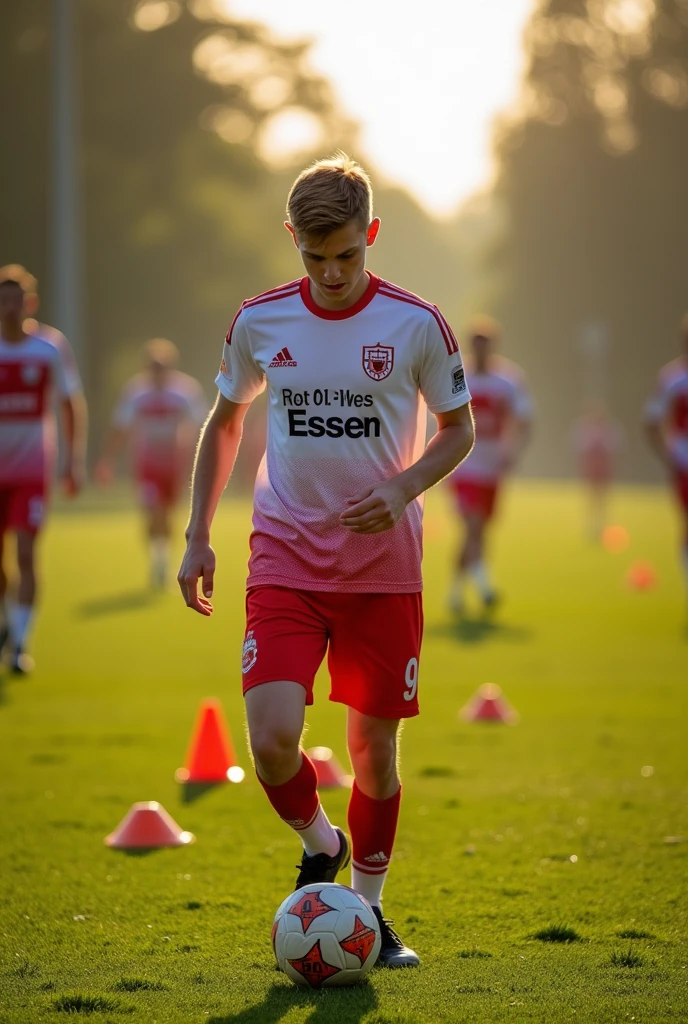 A  football player training in training camp ,Wearing a white and red jersey,Number 9, The jersey says Rot-Weiss Essen , photographed from behind, light brown short hair