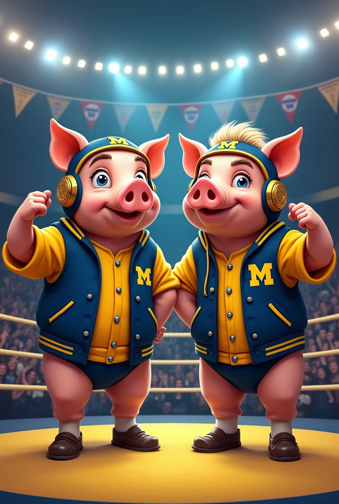 Cartoon pigs dressed like wrestling tag-team the Steiner brothers wearing college wrestling head gear and Michigan varsity jacket