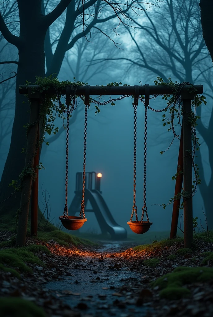 Create an image of a liminal space of a playground in a dark forest