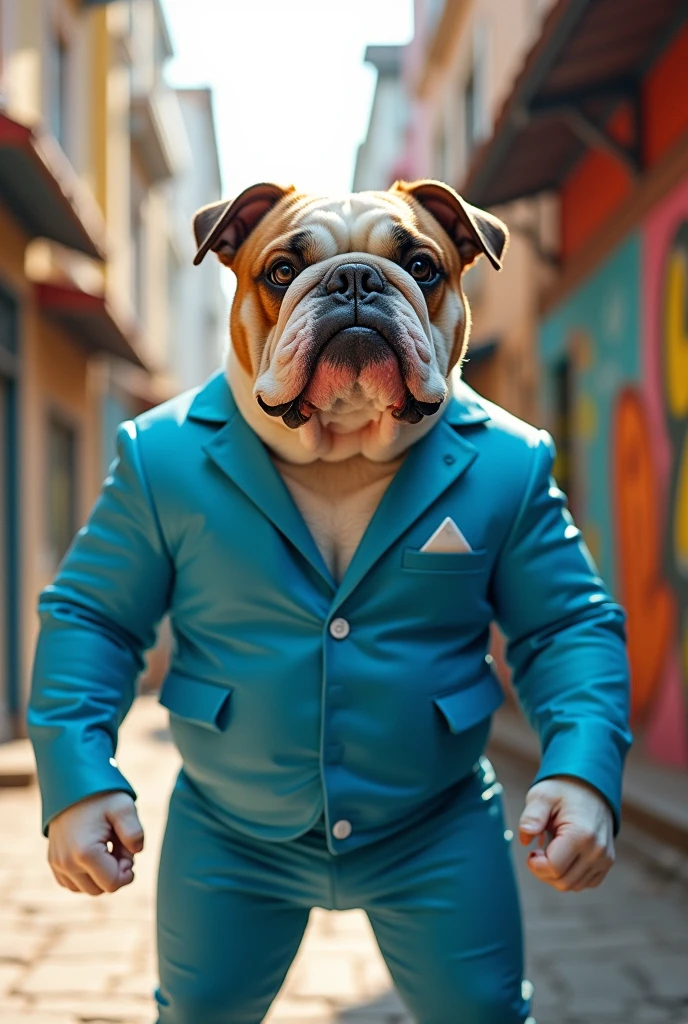 A bulldog wearing a sky blue liberator suit 