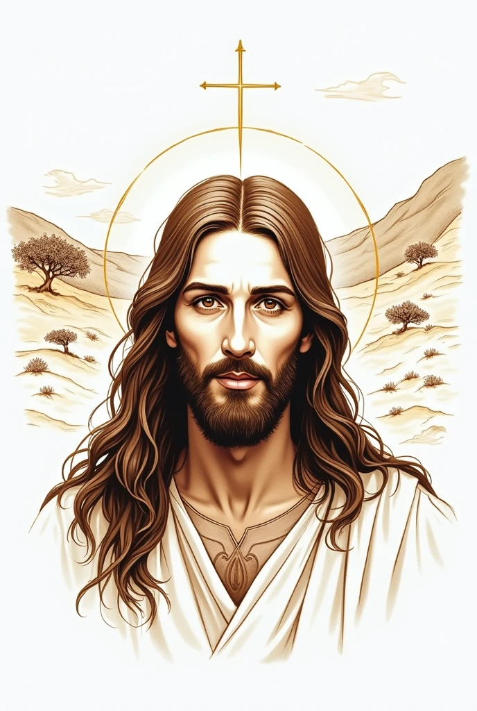 Create an image of Jesus Christ in a drawing style on an old sheet of paper with brownish-colored old sheet lines, giving it the appearance of a very old sheet from many thousands of years ago.