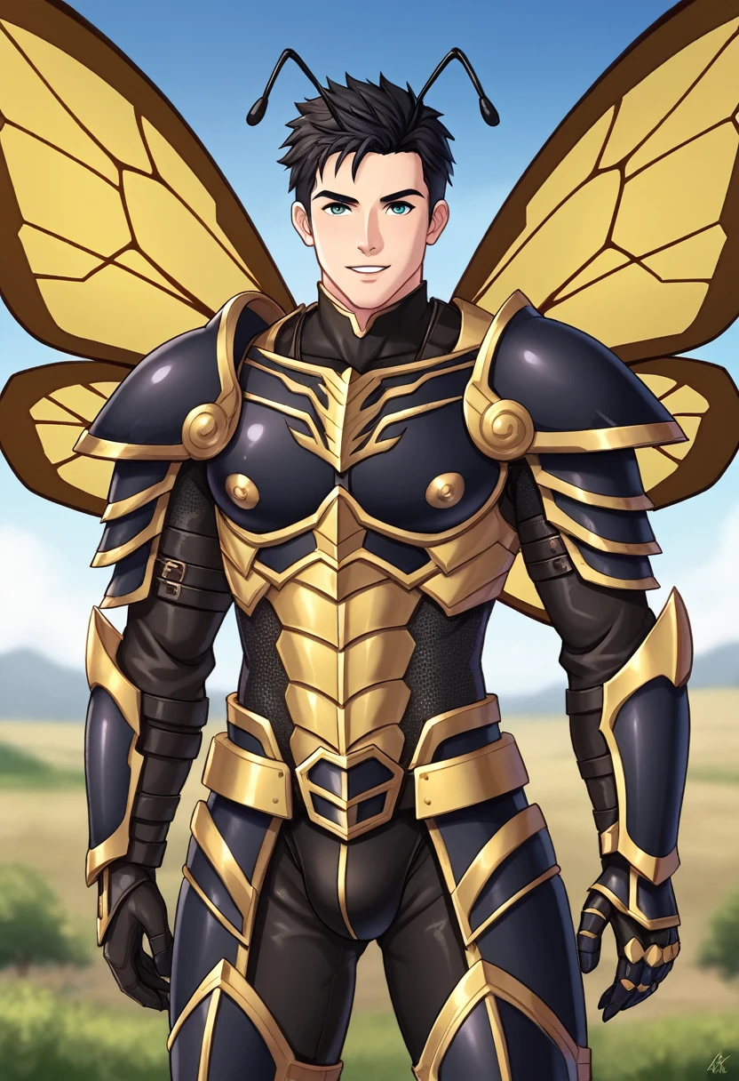 Black man wearing armor with a wasp-like appearance