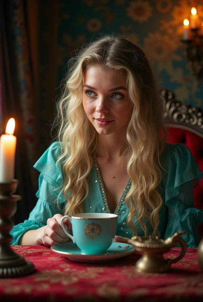 ((1 female, 1 person, Lonely) Alice, Humanity, Long curly blonde hair, blue eyes, freckles, Tea、Fortune Teller Blonde、cute