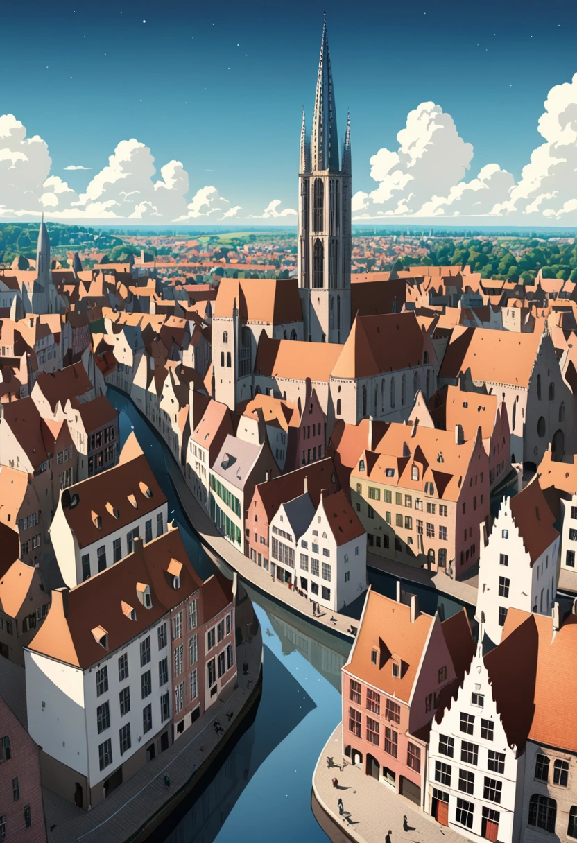 an japanese anime-style-illustration-of-the city of Bruges in Belgium like for a poster