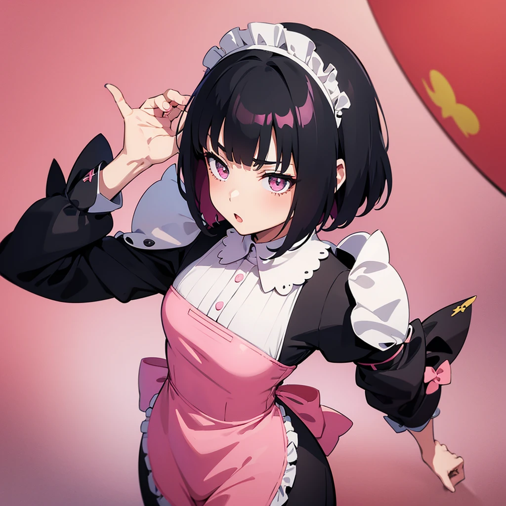 anime girl, short straight hair with bangs, pop art, tight maid outfit, pink colors