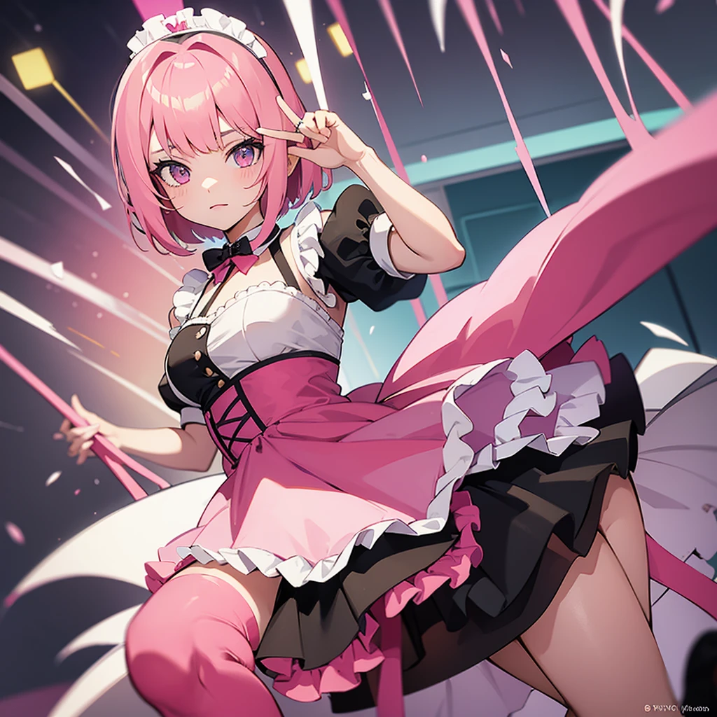 anime girl, short straight hair with bangs, pop art, tight maid outfit, pink colors