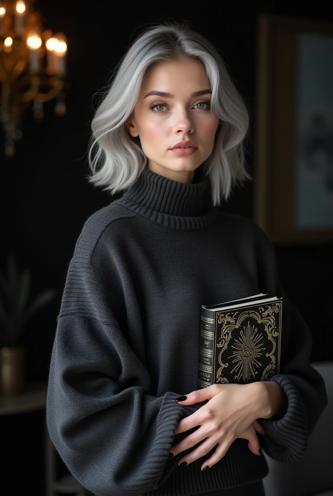 Beautiful girl with white skin, light gray hair below the shoulders, with bright shining eyes, Shiny skin, Beautiful черный маникюр, Beautiful nails, pearl skin, in a dark gray voluminous sweater, Beautiful detailed fingers, professional photo, 4K, a high resolution, high detail, aesthetically pleasing, Beautiful, realistic, standing straight, looks straight, beautiful long nails, holding a black book against the backdrop of a black-clad living room.