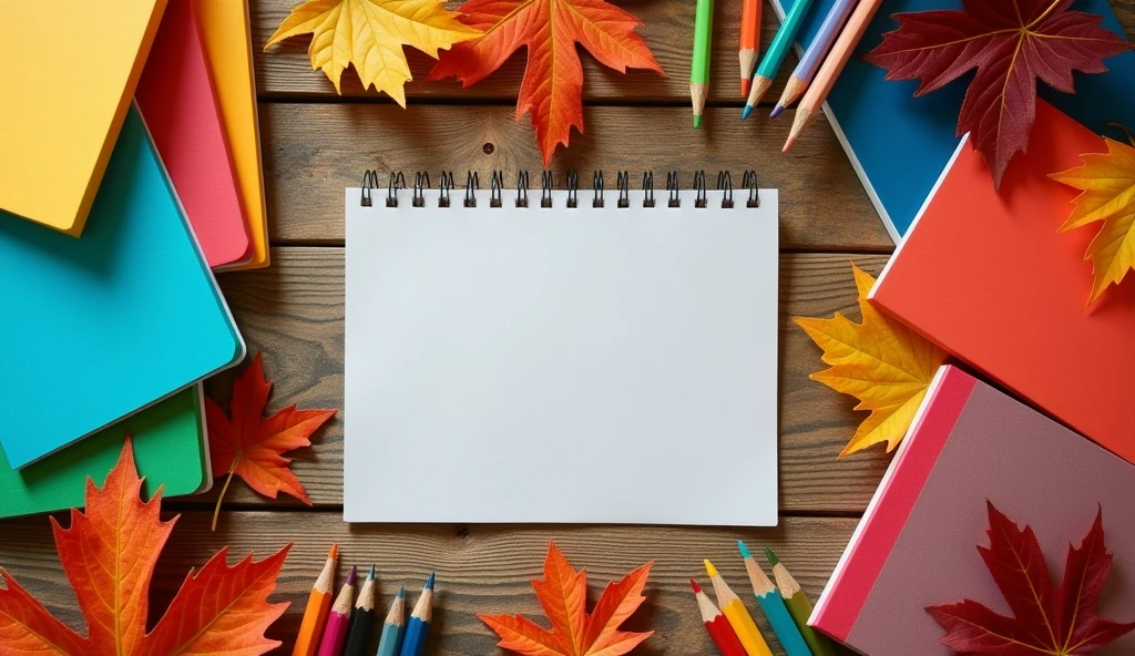 Top view of a wooden table filled with school supplies such as notebooks, pencils, surrounded by autumn leaves symbolizing the beginning of a new school year.